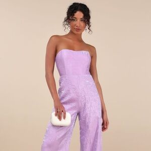 Lulus Ciela Lavender Textured Strapless Wide-leg Jumpsuit Purple - Size L